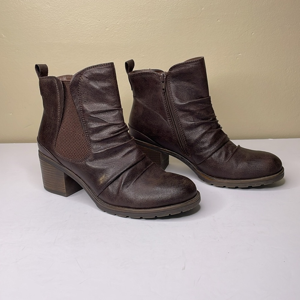 BARETRAPS Ankle Boots DRENNEN Chunky Heel Ruched Rounded Toe Flannel Lined 8M